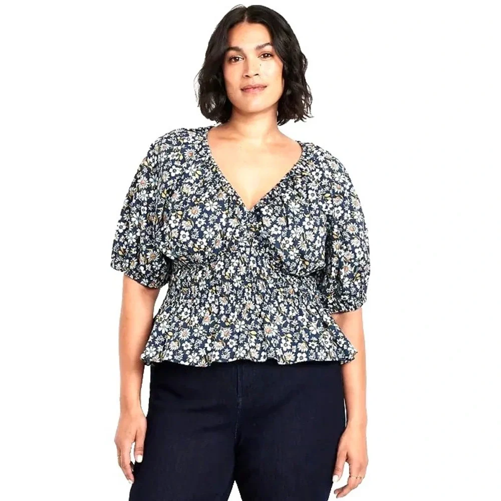 Old Navy Babydoll Peasant Smocked Top Womens XL Tall Blue Floral Puff Sleeve NEW